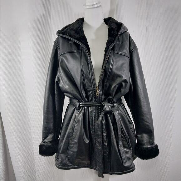 STUNNING BLACK GENUINE LEATHER HOODIE, BELTED WAIST, PLUSH LINED COAT! SZ XL - Picture 3 of 12